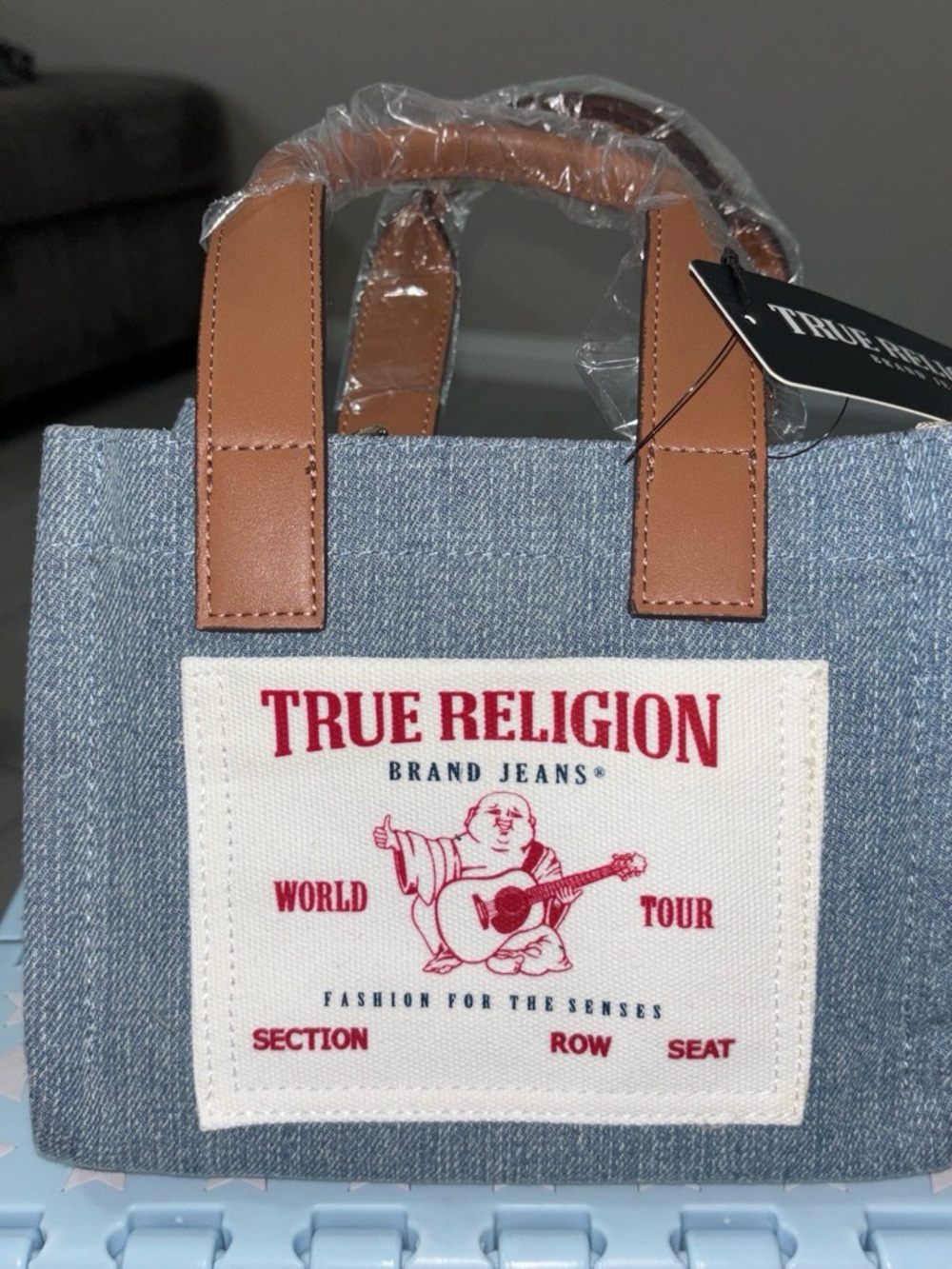 True Religion Light Blue Denim Mini Tote with Tan Handles